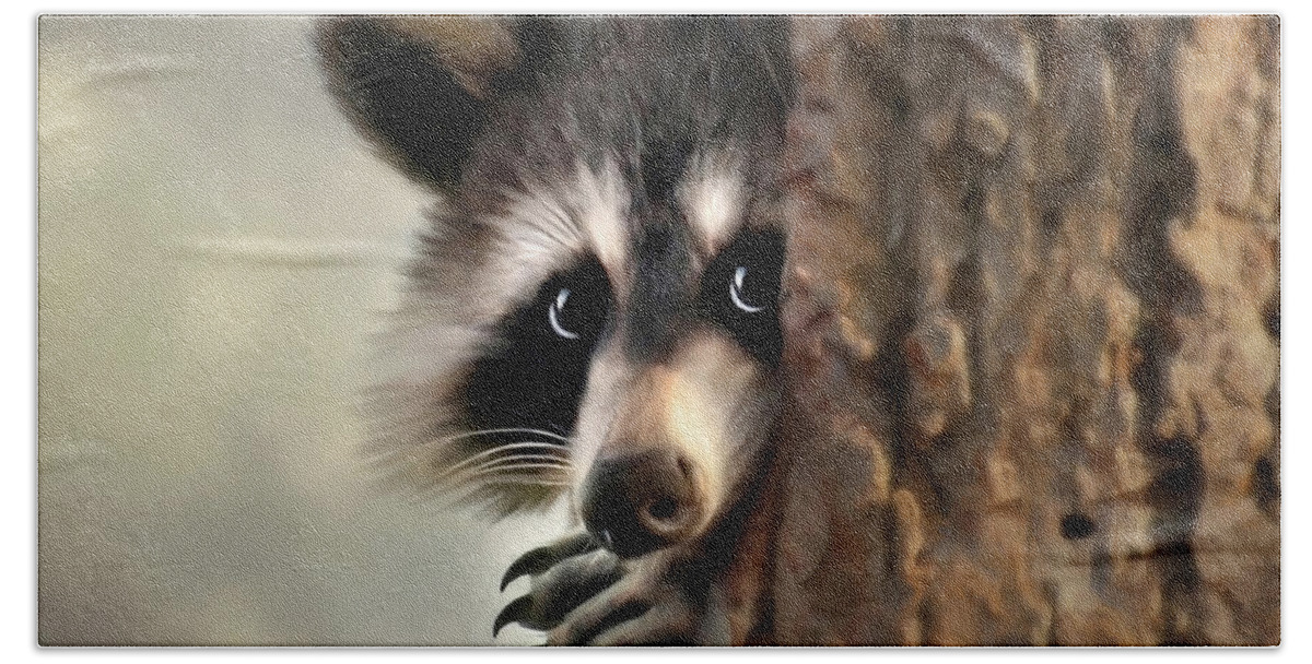 Raccoon Bath Towel featuring the painting Conspicuous Bandit by Christina Rollo