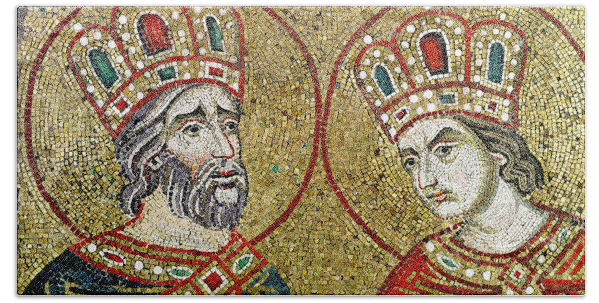 Constantin Et Helene Hand Towel featuring the photograph Constantine The Great 270-337 And St. Helena Mosaic by Veneto-Byzantine School