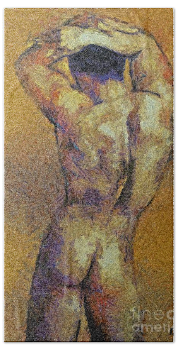 Male Body Builder Bath Towel featuring the painting Content with life by Dragica Micki Fortuna