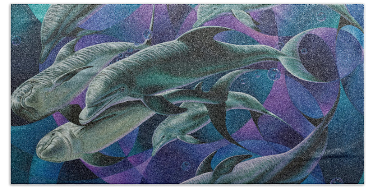 Dolphins Bath Towel featuring the painting Corazon del Mar by Ricardo Chavez-Mendez