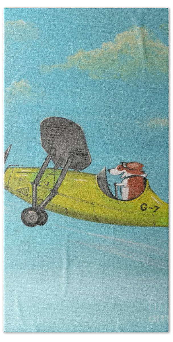 Print Bath Towel featuring the painting Corgi Aviator by Margaryta Yermolayeva