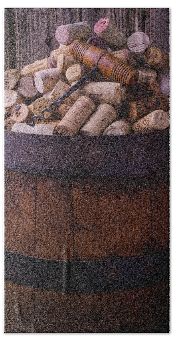 Corkscrew Bath Towel featuring the photograph Corkscrew And Corks On Wine Barrel by Garry Gay