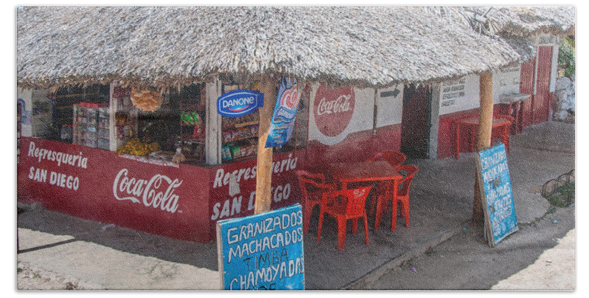 Mexico Yucatan Bath Towel featuring the digital art Corner Store in Rural Yucatan by Carol Ailles