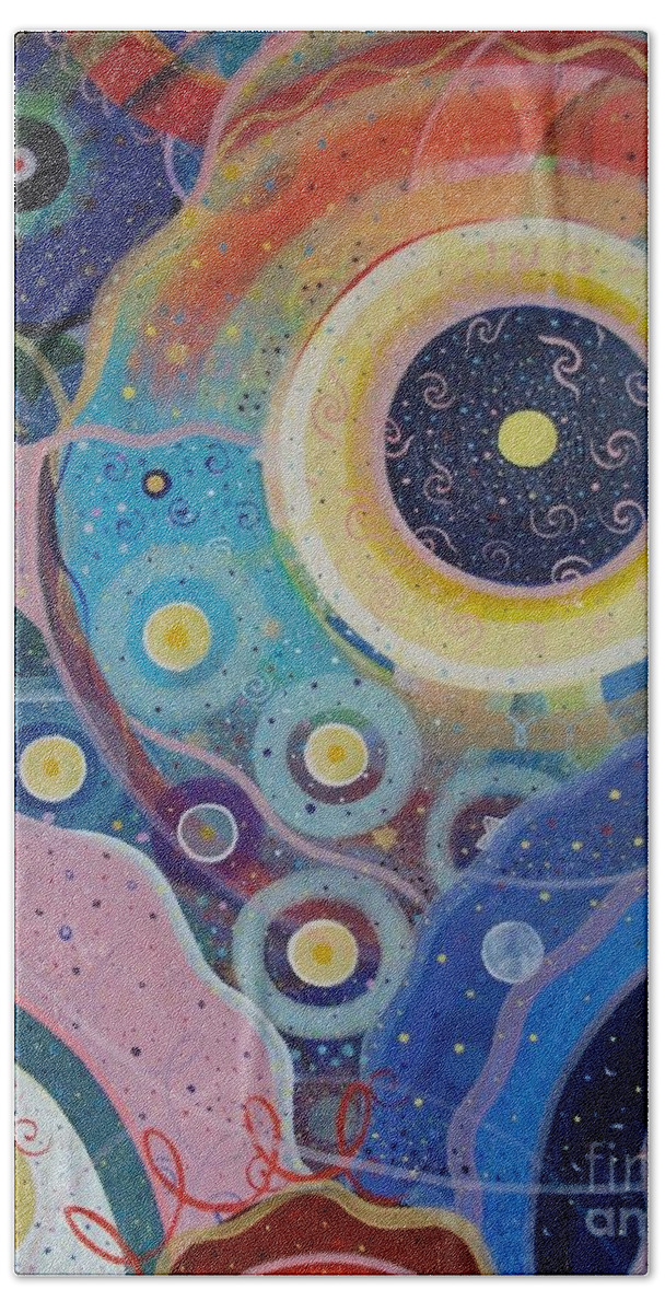 Circles Bath Towel featuring the painting Cosmic Carnival Vl aka Circles by Helena Tiainen