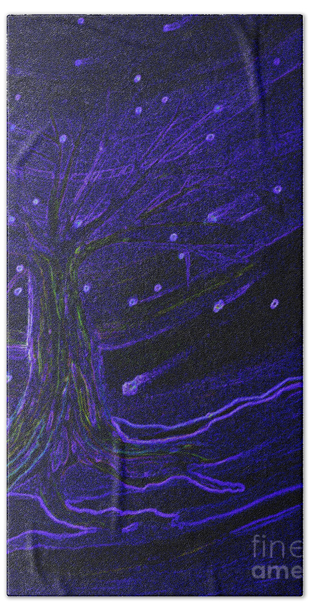 First Star Hand Towel featuring the painting Cosmic Tree Blue by First Star Art