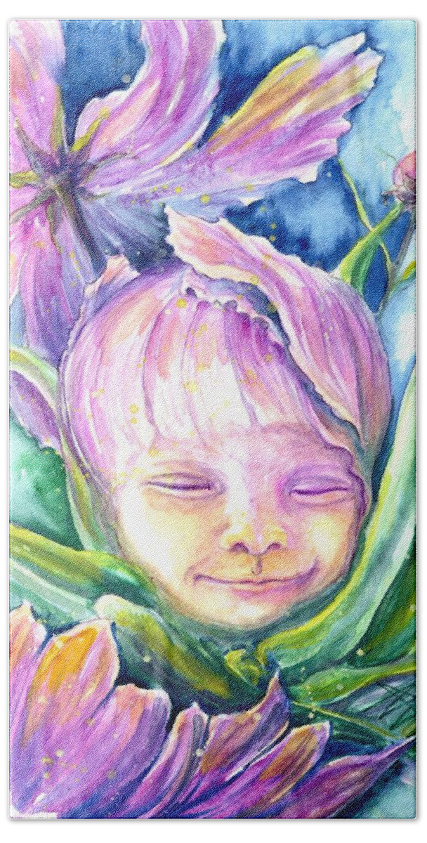 Baby Portraits Bath Towel featuring the painting Cosmos Bud by Ashley Kujan