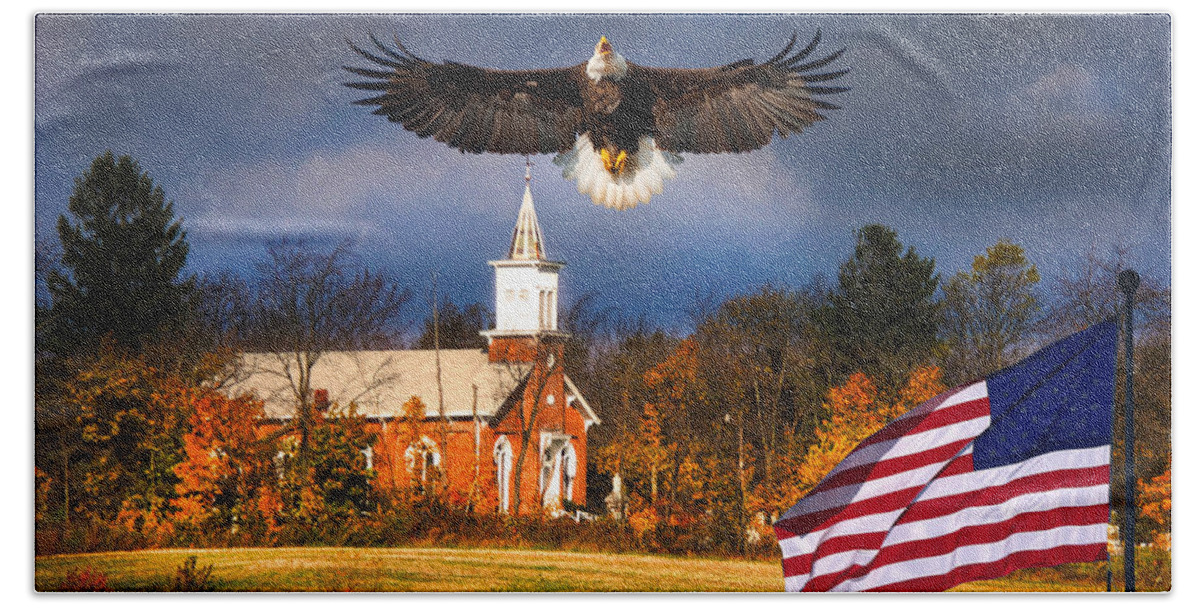 Country Patriotic Bath Towel featuring the photograph country Eagle Church Flag Patriotic by Randall Branham