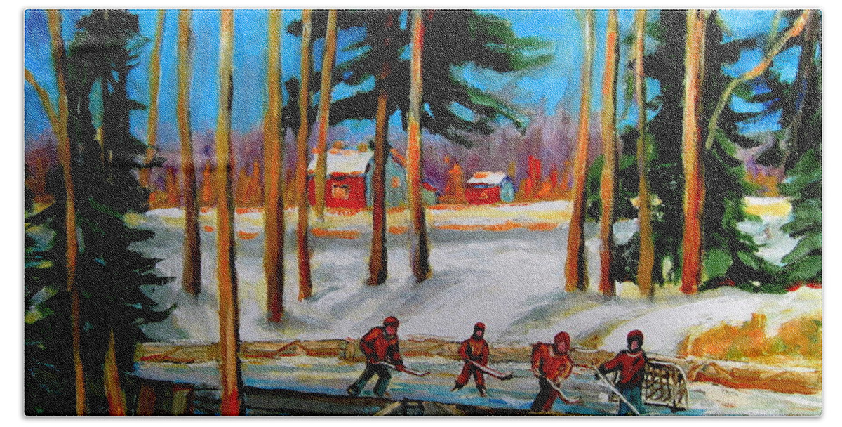 Hockey Bath Towel featuring the painting Country Hockey Rink by Carole Spandau