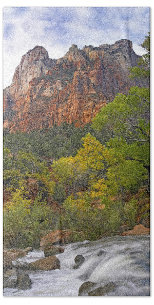 Feb0514 Bath Towel featuring the photograph Court Of The Patriarchs Zion Np Utah by Tim Fitzharris