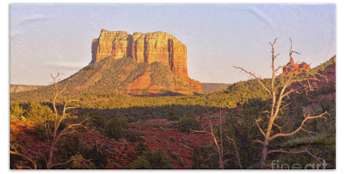 Courthouse Butte Hand Towel featuring the photograph Courthouse Butte at sunset Sedona Arizona by Ken Brown