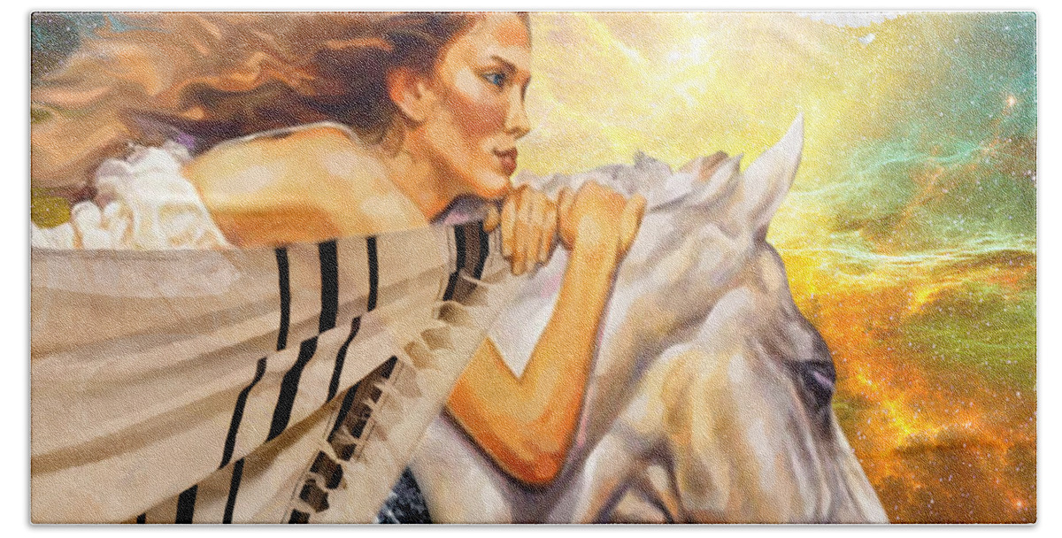 White Horse Woman Warrior Prayer Cloth Bath Towel featuring the digital art Covered in Prayer by Dolores Develde