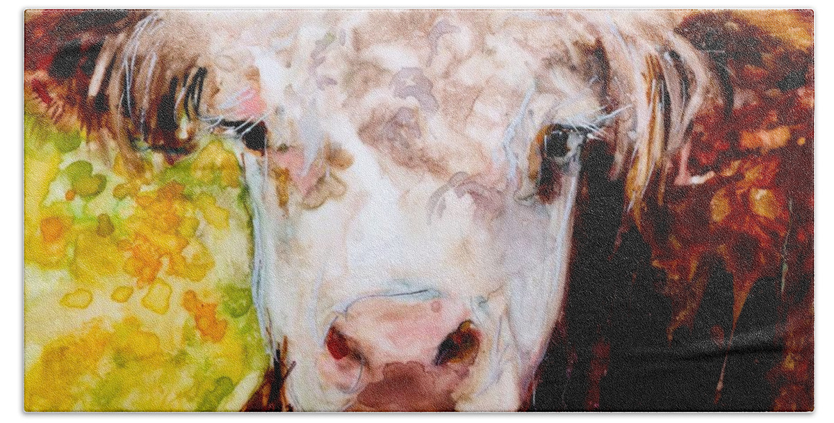 Hereford Bath Towel featuring the painting Cow Face by Molly Poole