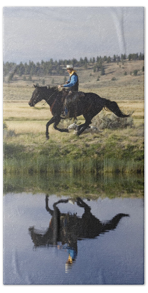 Feb0514 Hand Towel featuring the photograph Cowboy Riding With Dogs Oregon by Konrad Wothe