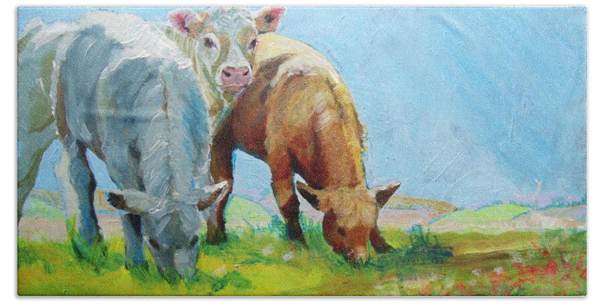 Cow Hand Towel featuring the painting Cows Landscape by Mike Jory