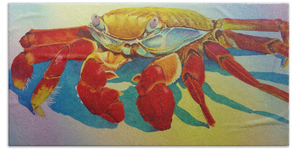 Colorful Crab Hand Towel featuring the painting Colorful Crab by Greg and Linda Halom