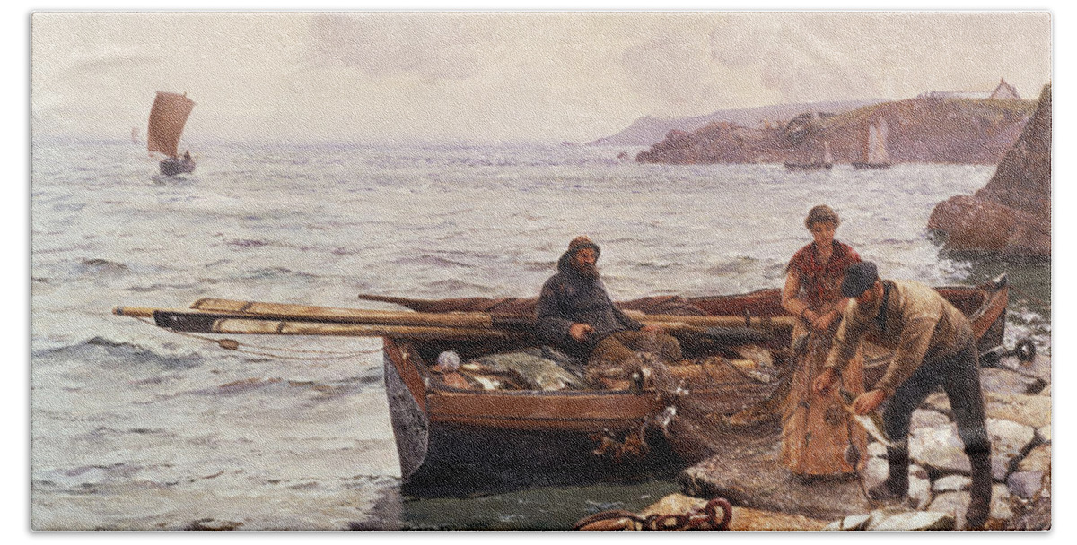 Fishing Nets Bath Towel featuring the painting Crabbers Bait by Charles Napier Hemy