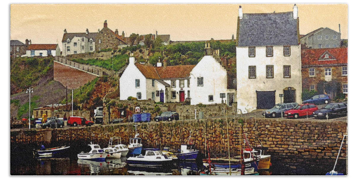 Crail Bath Towel featuring the digital art Crail Harbor Sunset by Gary Olsen-Hasek