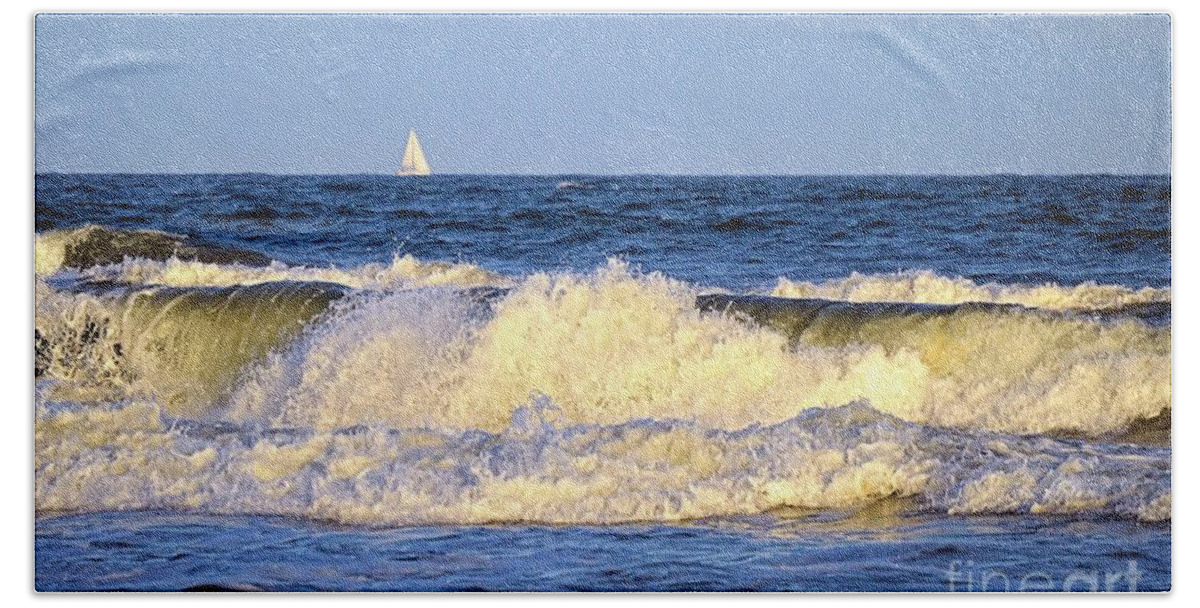 Waves Bath Towel featuring the photograph Crashing Waves and White Sails by Sharon Woerner