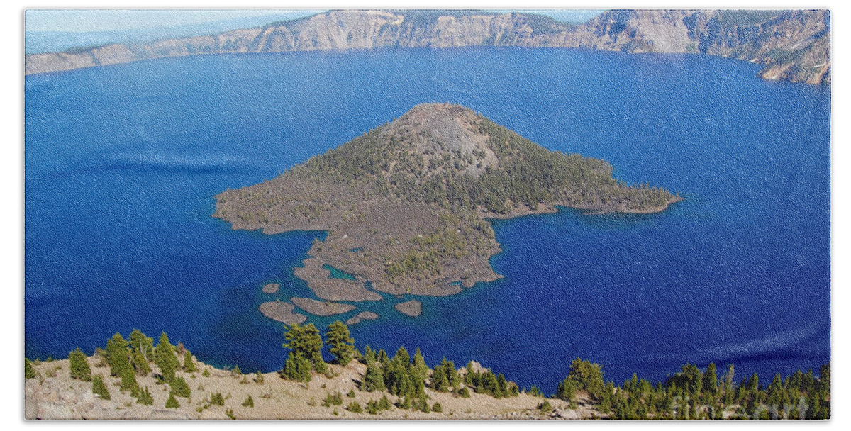 Crater Lake Bath Towel featuring the photograph Crater Lake From Watchman Tower by Debra Thompson