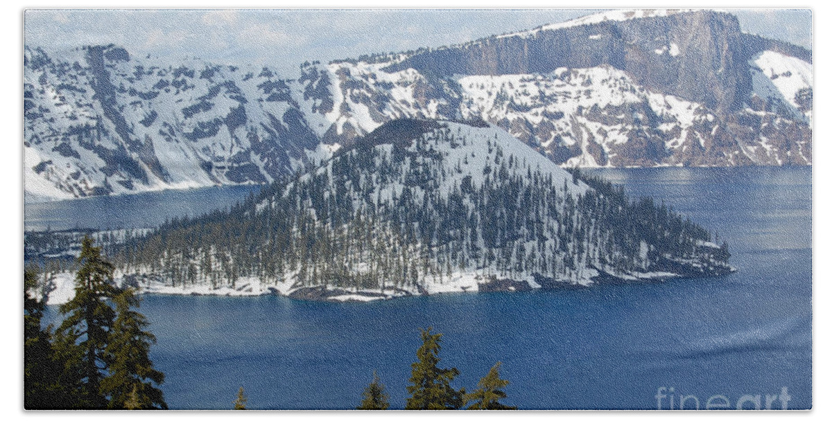 Crater Lake Bath Towel featuring the photograph Crater Lake With Snow by Debra Thompson