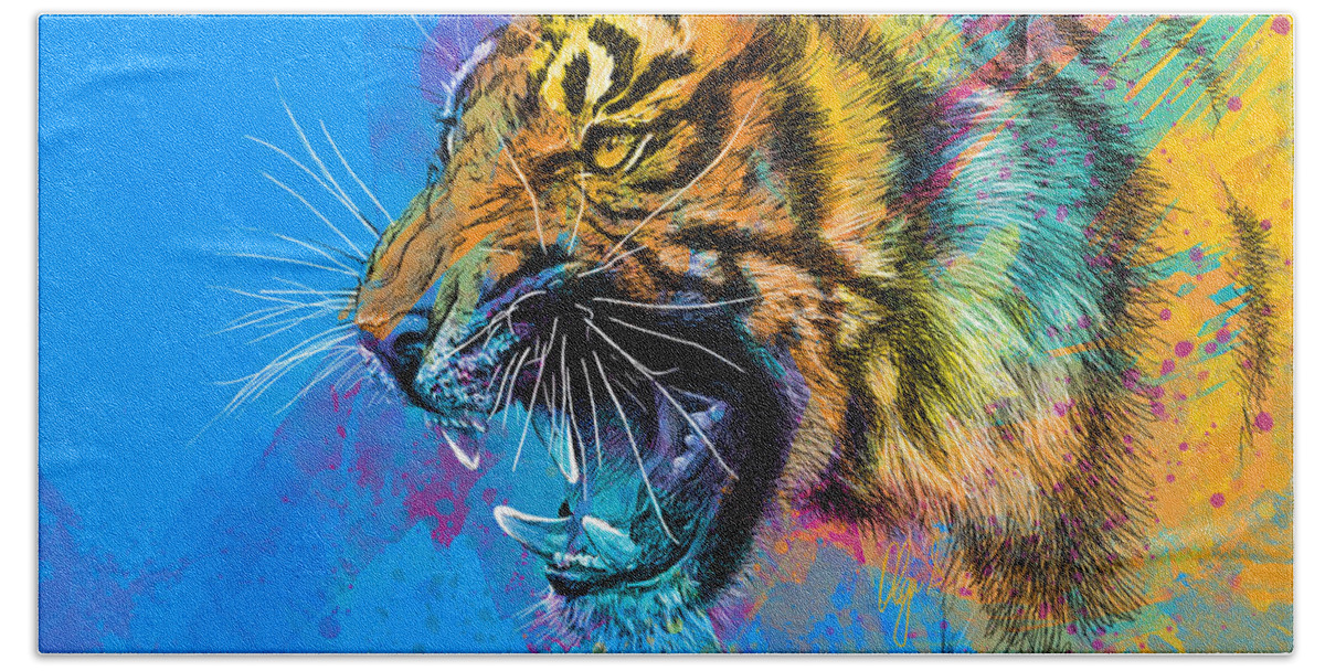 Tiger Hand Towel featuring the digital art Crazy Tiger by Olga Shvartsur