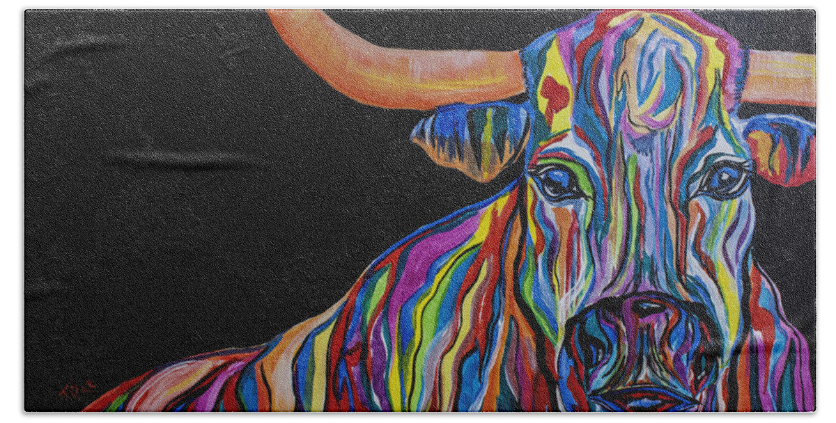 Bull Bath Towel featuring the painting Crazy Woman Bull by Janice Pariza