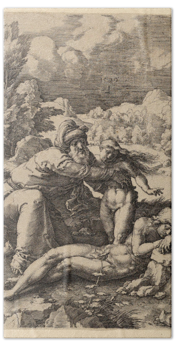 Lucas Van Leyden Bath Towel featuring the drawing Creation of Eve by Lucas van Leyden