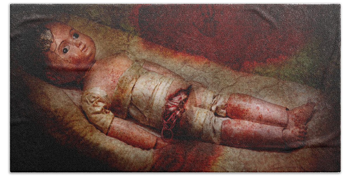 Haunted Doll Bath Towel featuring the digital art Creepy - Weird - No one ever suspected by Mike Savad