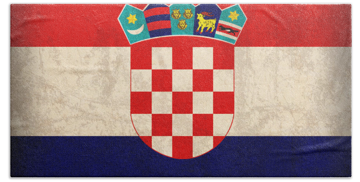 Croatia Bath Towel featuring the mixed media Croatia Flag Vintage Distressed Finish by Design Turnpike