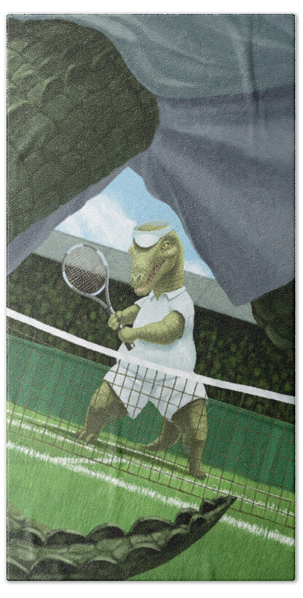 Crocodiles Bath Towel featuring the painting Crocodiles Playing Tennis At Wimbledon by Martin Davey