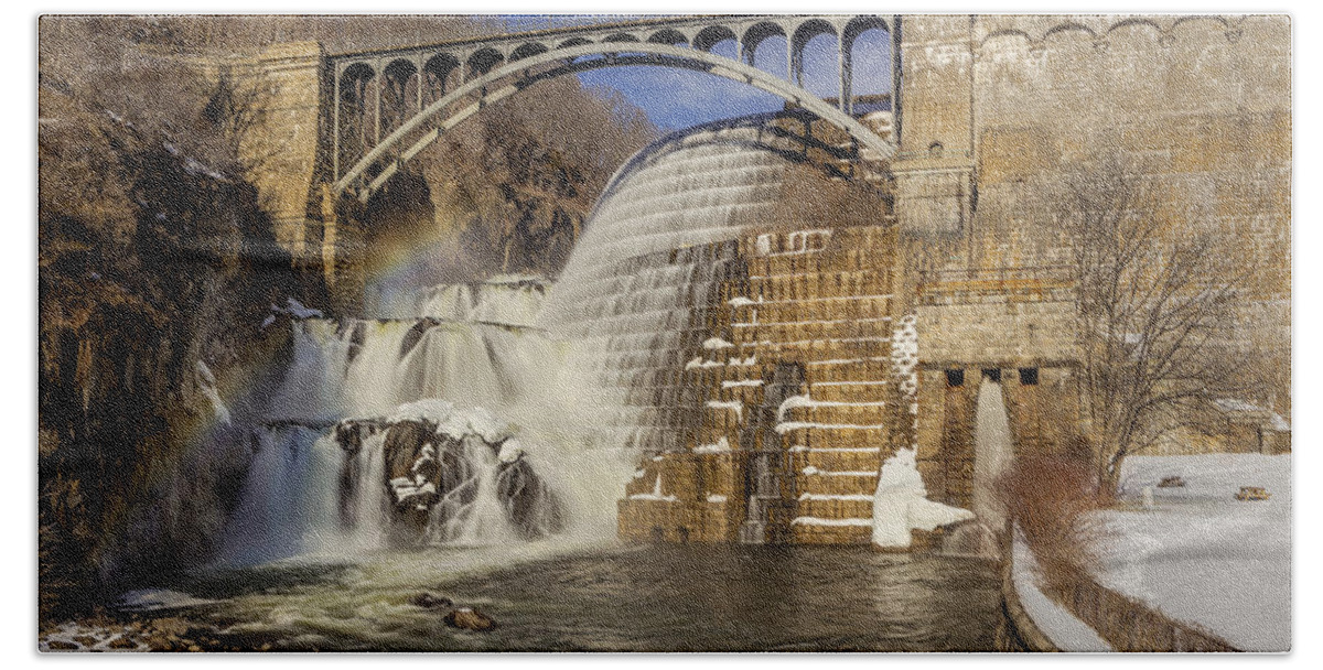 Croton Dam Hand Towel featuring the photograph Croton Dam And Rainbow by Susan Candelario