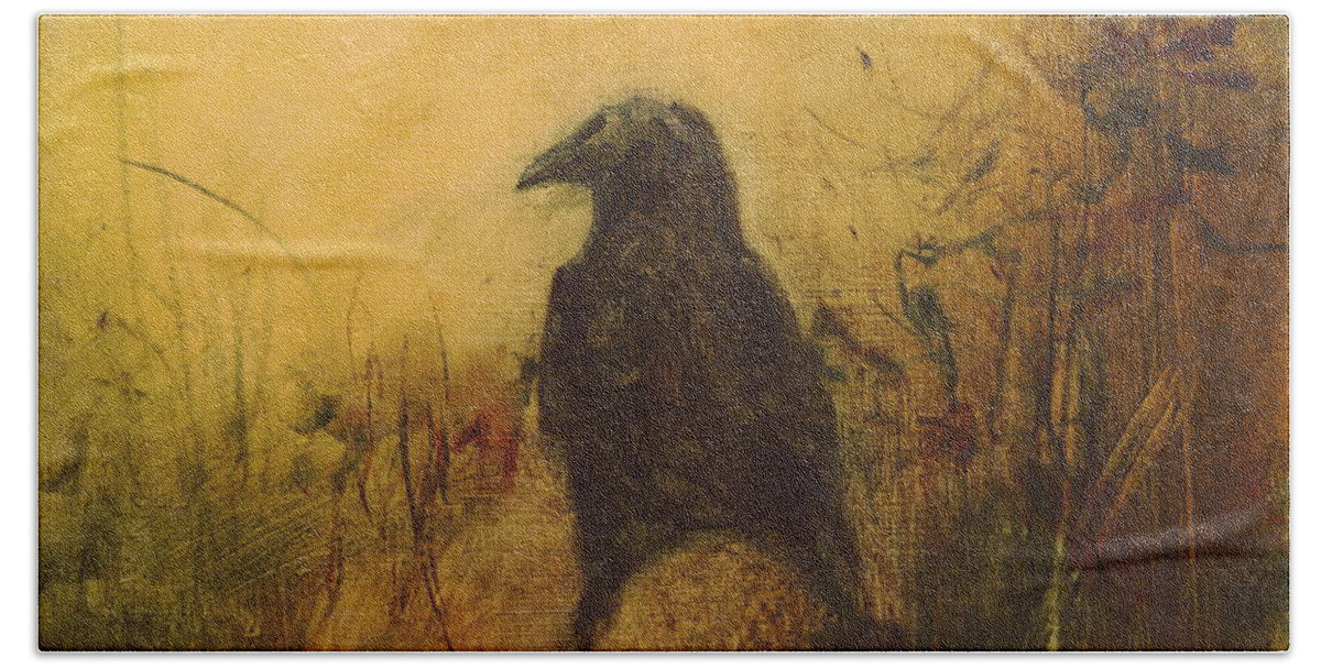 Crow Bath Towel featuring the painting Crow 7 by David Ladmore