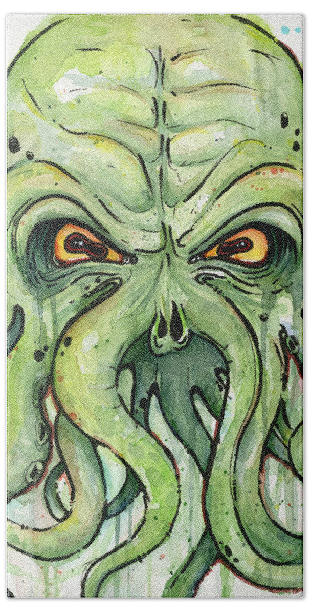 Cthulu Hand Towel featuring the painting Cthulhu Watercolor by Olga Shvartsur