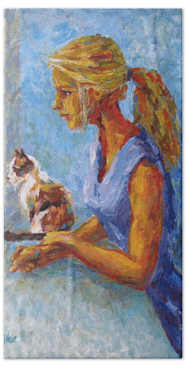 Girl And Cat Hand Towel featuring the painting Curiosity by Jyotika Shroff