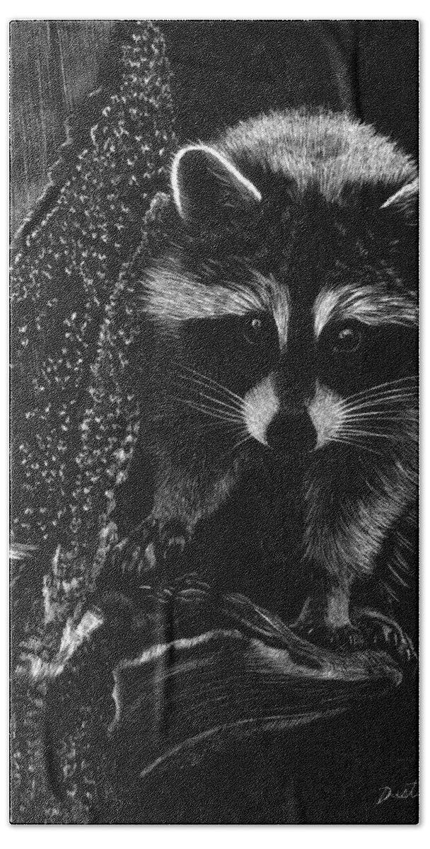 Art Bath Towel featuring the drawing Curious Raccoon by Dustin Miller
