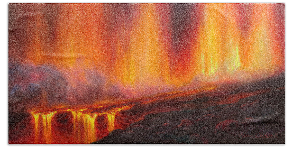 Hot Lava Hand Towel featuring the painting Erupting Kilauea Volcano on the Big Island of Hawaii - Lava Curtain by K Whitworth