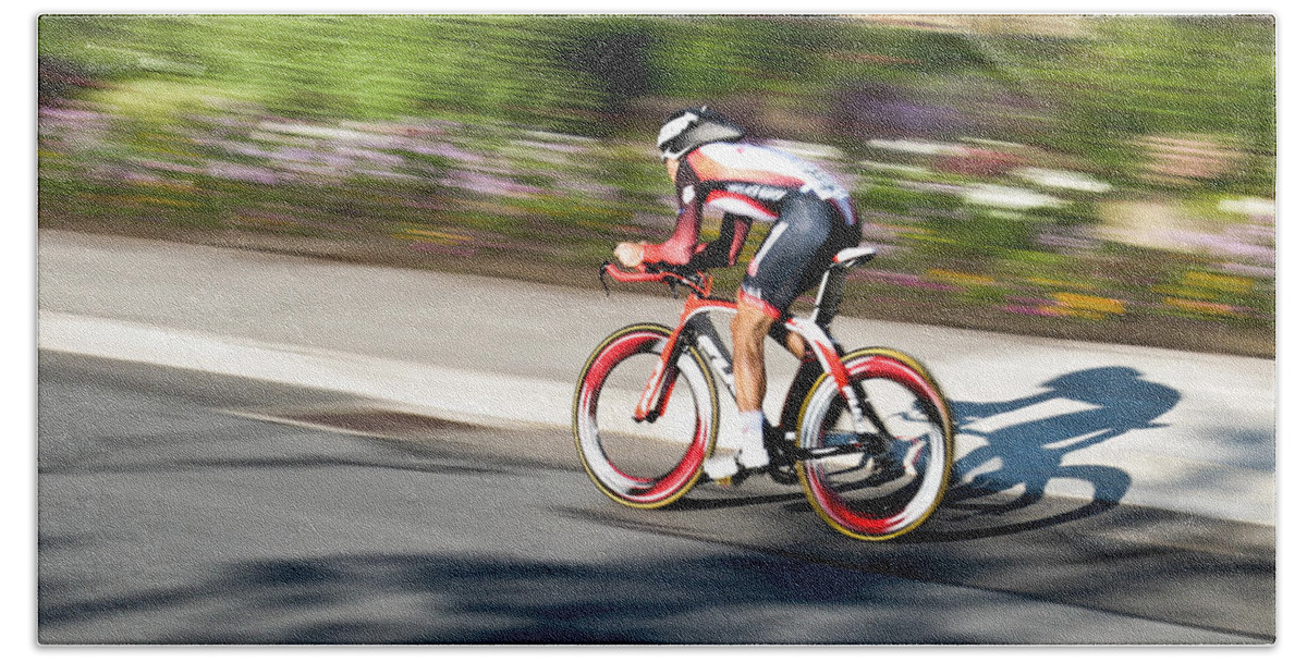 Cyclist Bath Towel featuring the photograph Cyclist Racing the Clock by Kevin Desrosiers