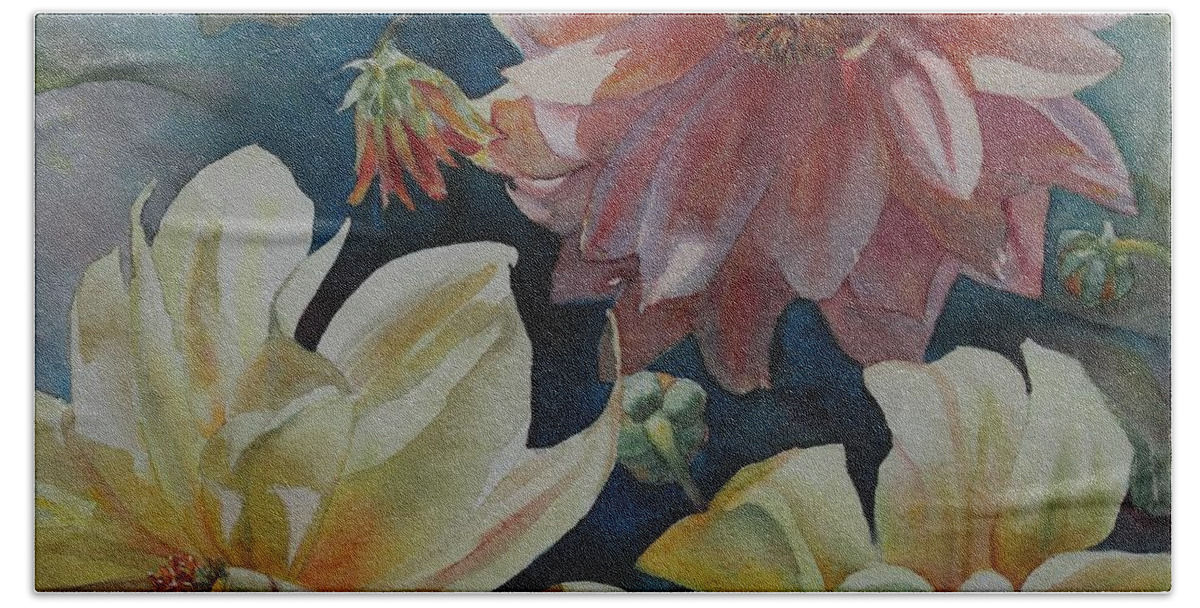 Flowers Bath Towel featuring the painting Cynthia's Dahlias by Ruth Kamenev