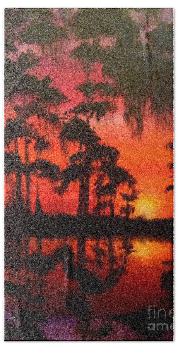 Swamp Scene Hand Towel featuring the painting Cypress Swamp at Sunset by Beverly Boulet