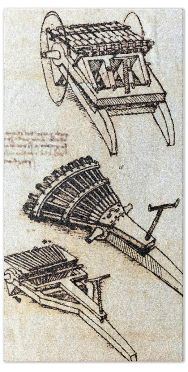 Science Bath Towel featuring the photograph Da Vinci Multi-barrel Gun Designs 1481 by Science Source
