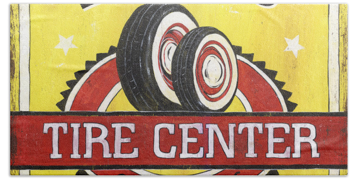 Dad Hand Towel featuring the painting Dad's Tire Center by Debbie DeWitt