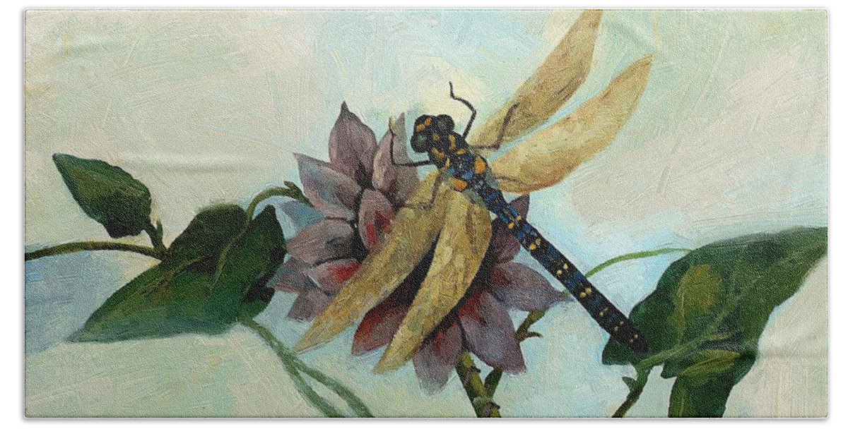 Dahlia Hand Towel featuring the painting Dahlia with Dragonfly Resting by RC DeWinter