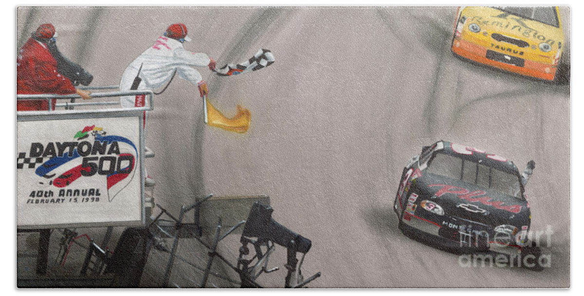 Car Hand Towel featuring the drawing Dale Earnhardt wins Daytona 500-Checkered Flag by Paul Kuras
