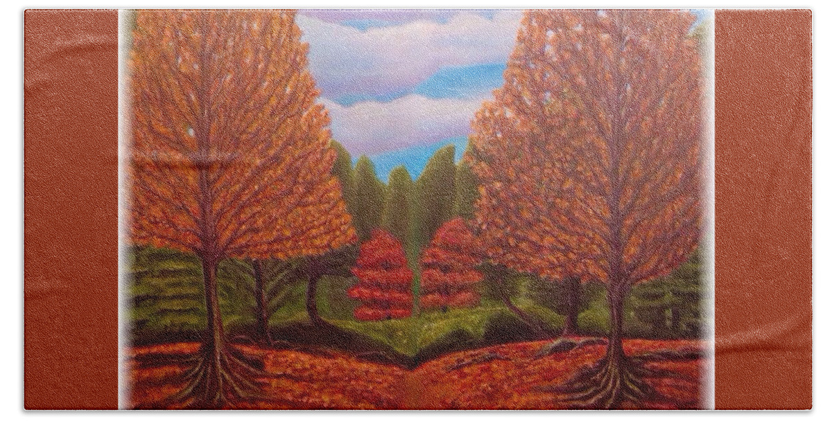Autumn Painting Fall Painting Impressionistic Painting Spiritual Message Golden Blood Orange Hand Crimson Colored Leaves On The Trees Glimpses Of Evergreen Trees In The Background And Blue Skies Mirror Image Of Each Other Although Not Exact Bright Blue Skies Overhead With Light Wispy Clouds Brightly Colored Leaves On The Trees And On Many Fallen To The Ground Older Trees With Some Feeder Tree Roots Visible With Lichens And Moss Covering Them Acrylic Painting Bath Towel featuring the painting Dance of Autumn Gold with Blue Skies Revised by Kimberlee Baxter