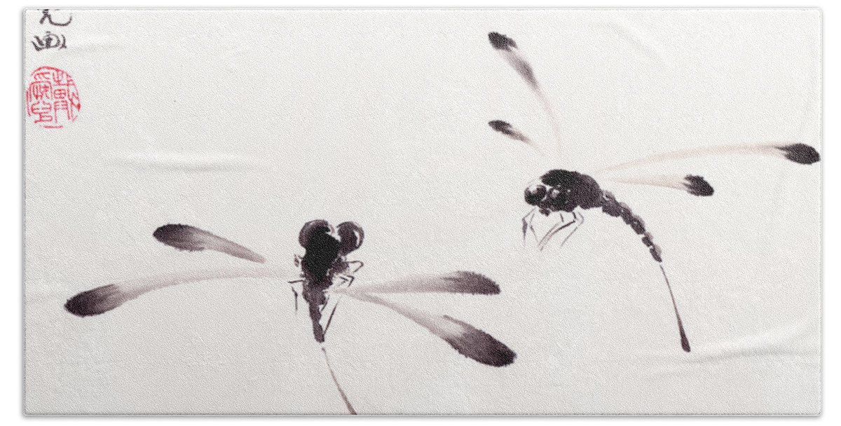Dragonfly Bath Towel featuring the painting Dance of the Dragonflies by Oiyee At Oystudio