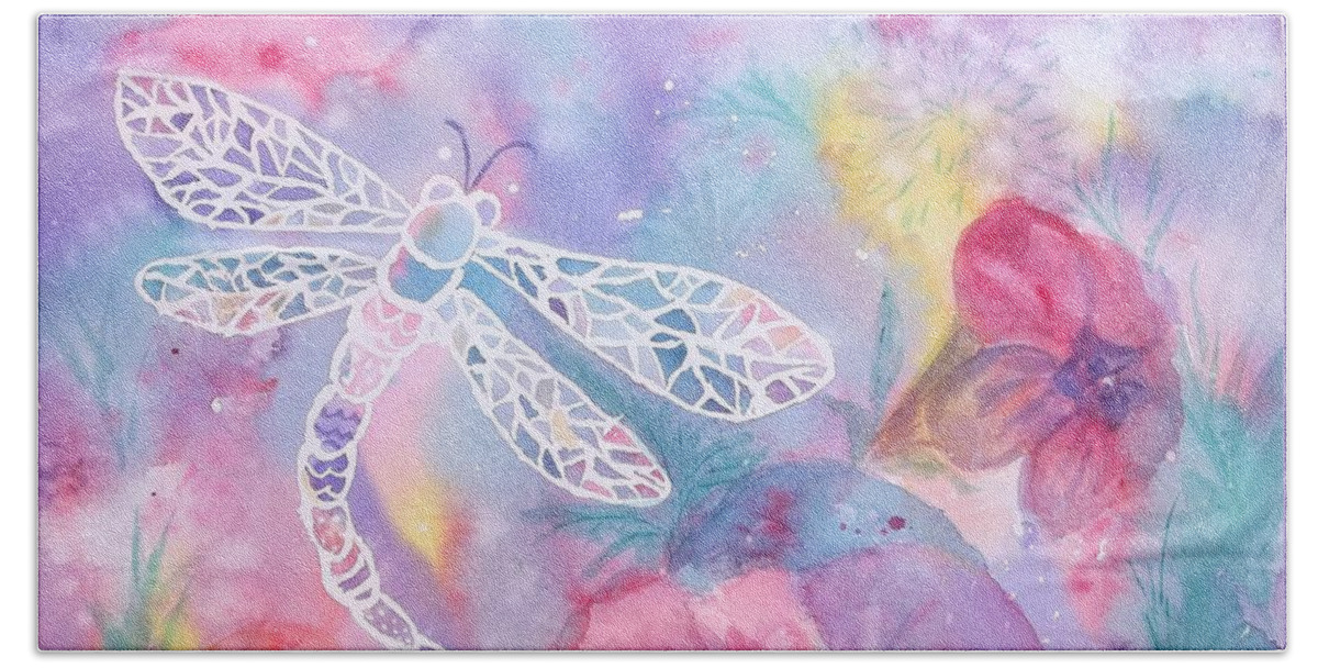Dragonfly Hand Towel featuring the painting Dance of the Dragonfly by Ellen Levinson