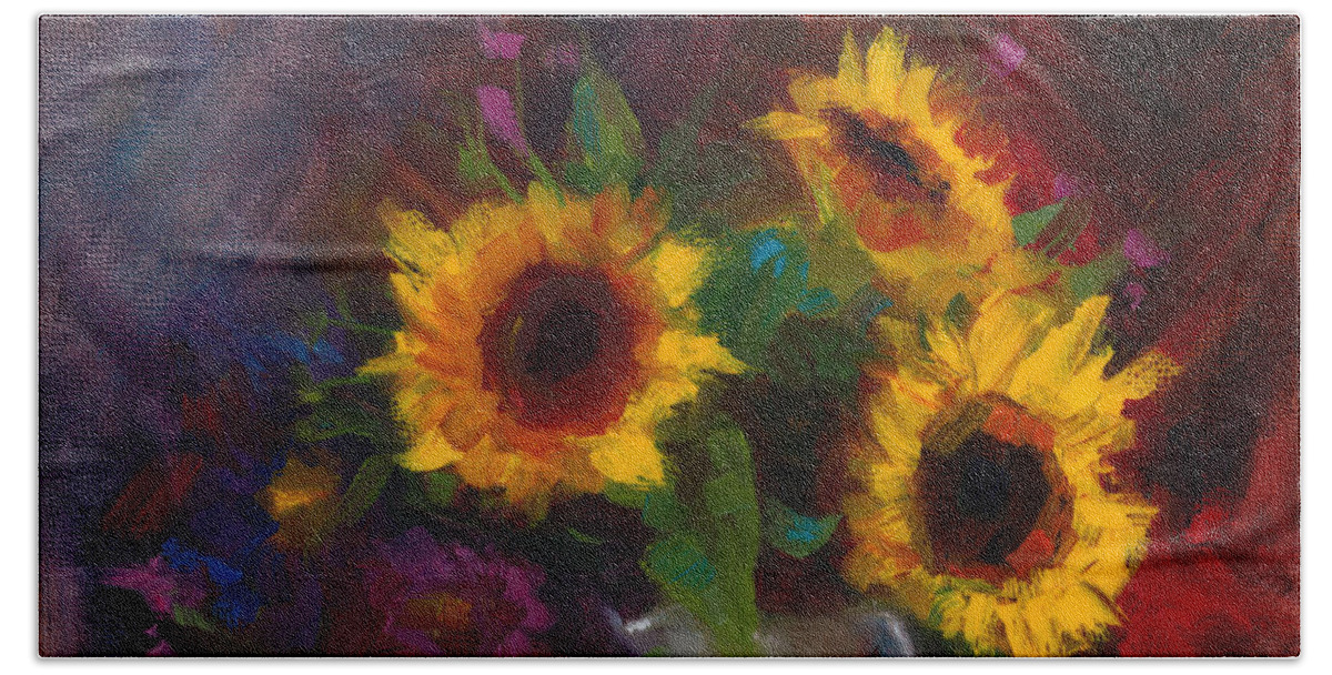 Sunflowers Hand Towel featuring the painting Dance with Me - sunflower still life by Talya Johnson