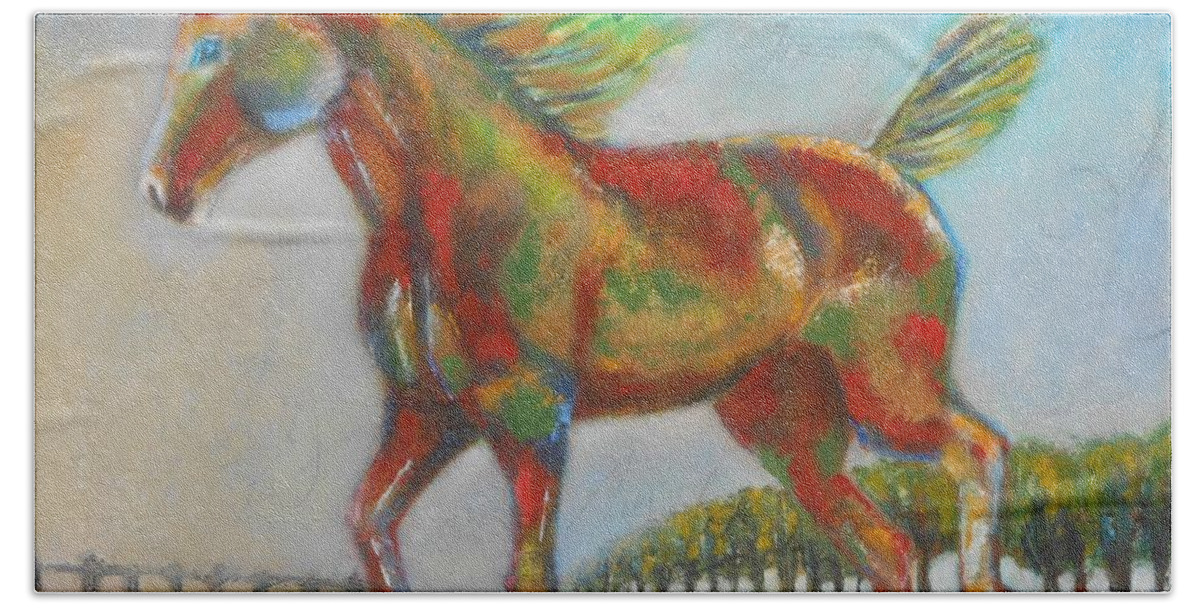 Multiple Layers Of Mix Media And Depth Bath Towel featuring the painting Dancing Horse 2 by Susan Goh