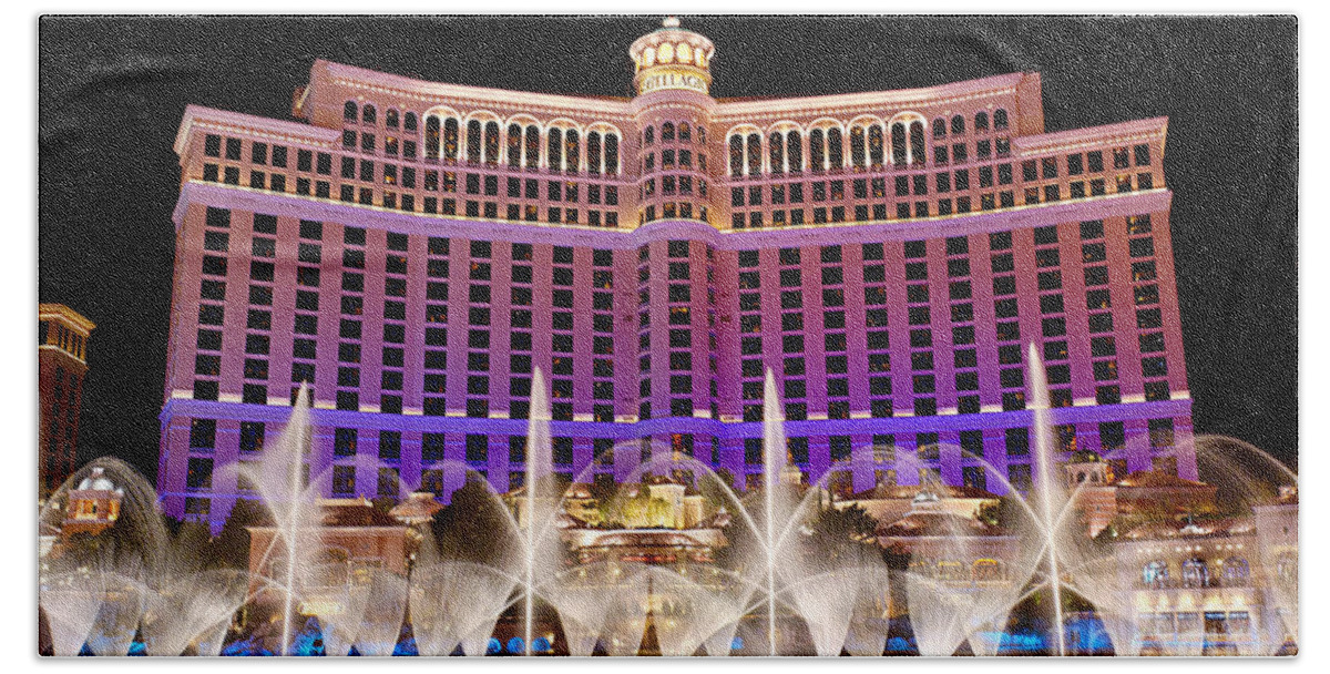 Bellagio Hand Towel featuring the photograph Dancing Waters - Bellagio Hotel and Casino at night by Jamie Pham