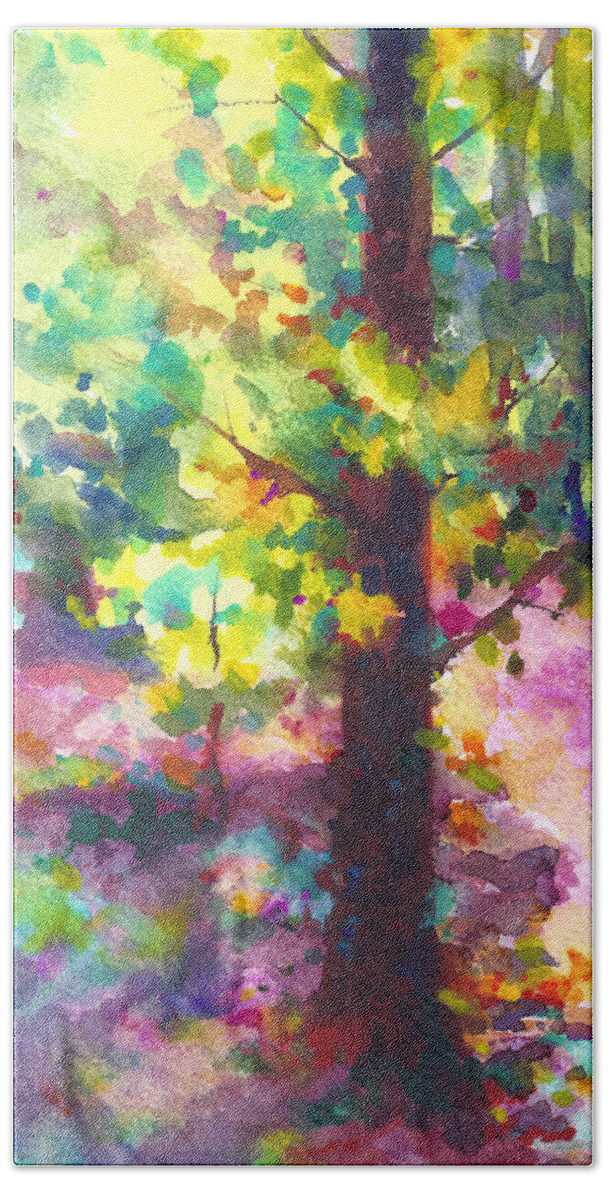 Tree Hand Towel featuring the painting Dappled - light through tree canopy by Talya Johnson